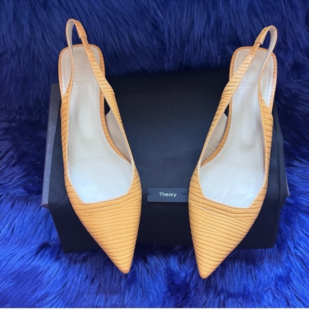 New! Theory Lizard-Embossed Leather Block Heel Slingback Pumps in Mustard Yellow